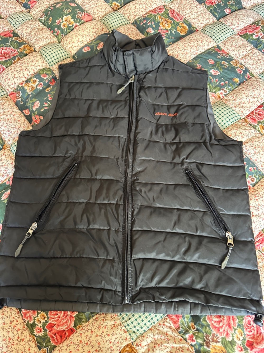 A— REVERSIBLE Armani Jeans Black Quilted Puffer Vest with  Logo